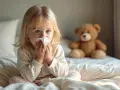 Kleines Mädchen mit Taschentuch vor der Nase sitzt im Bett, Teddybär im Hintergrund.