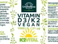 Flasche mit veganem Vitamin D3/K2, Sonnen- und Blattmotiv, Nährwertangaben.