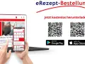 Laptop mit Webseite, Handy mit App, QR-Codes und App Store/Google Play Logos.