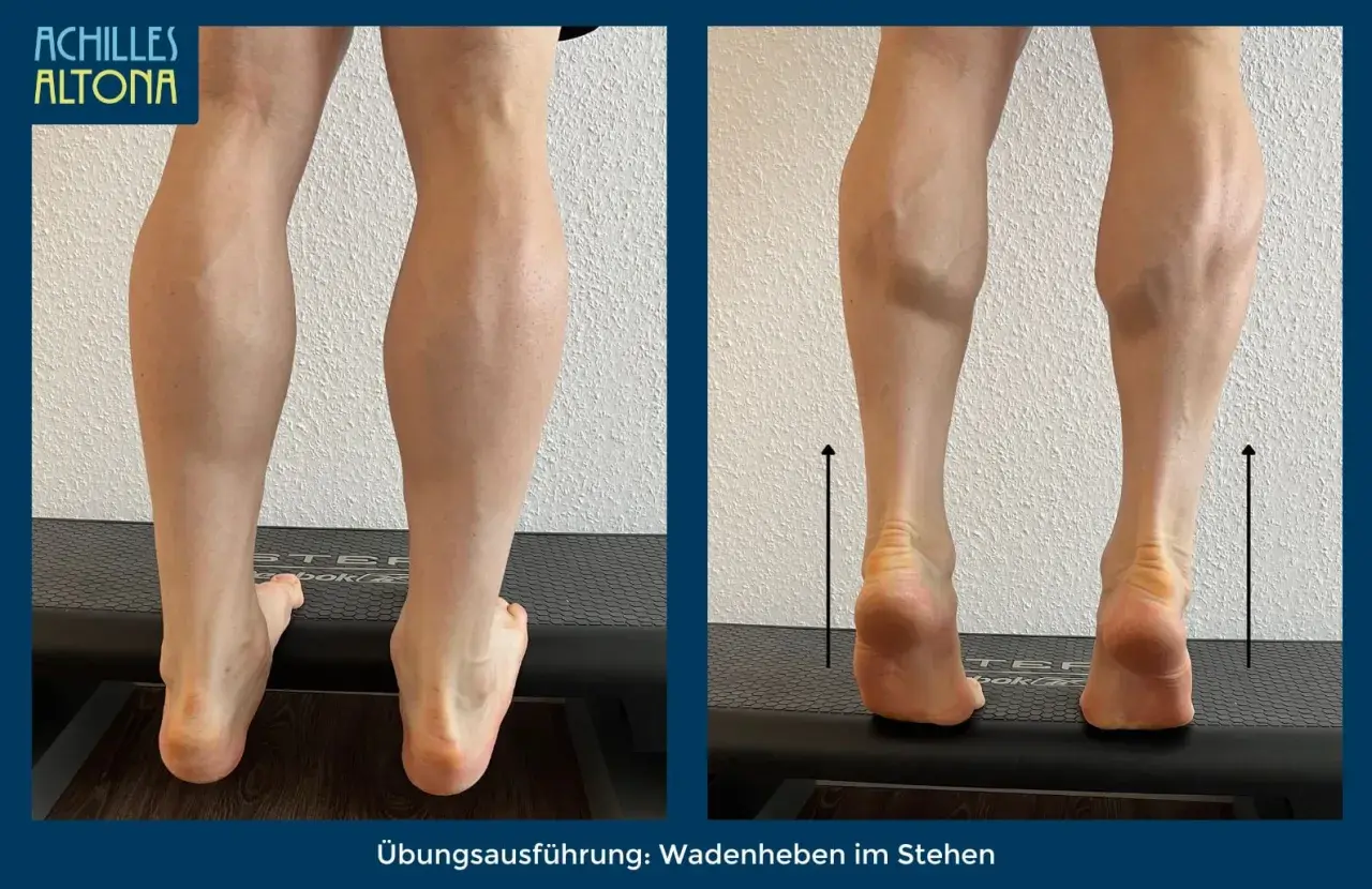Wadenheben zur Linderung von Achillodynie-Symptomen. Die Übung zeigt die Anspannung der Wadenmuskulatur.