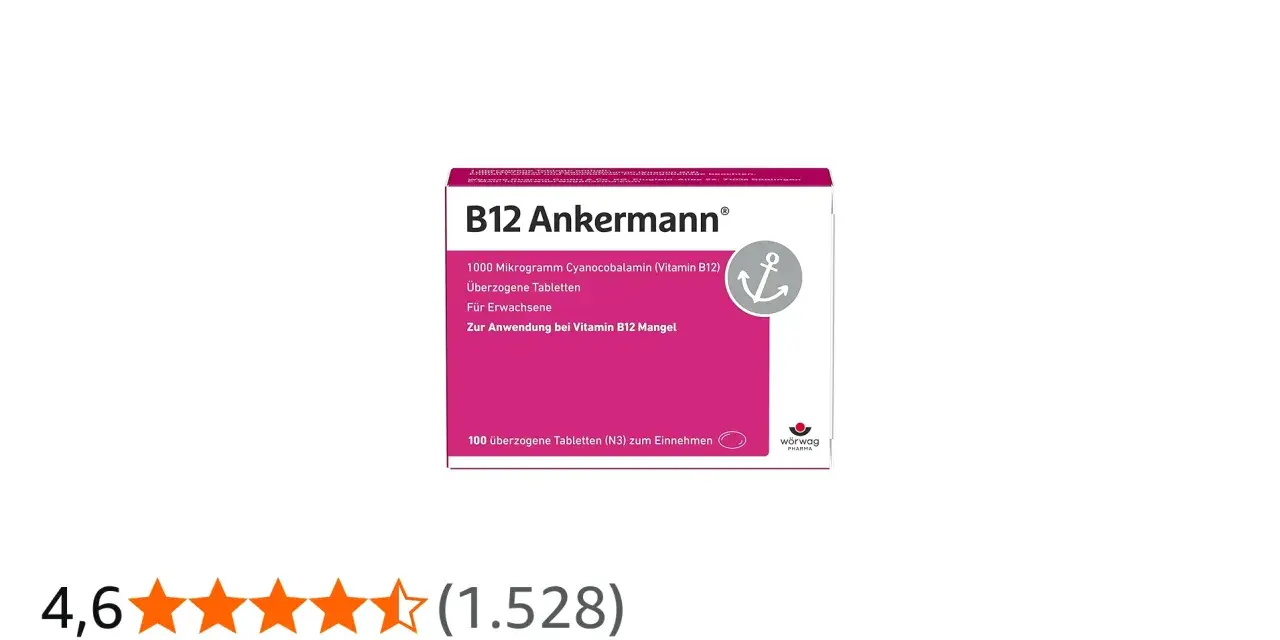 Verpackung von B12 Ankermann® Tabletten mit Anker-Symbol und Produktinformationen.