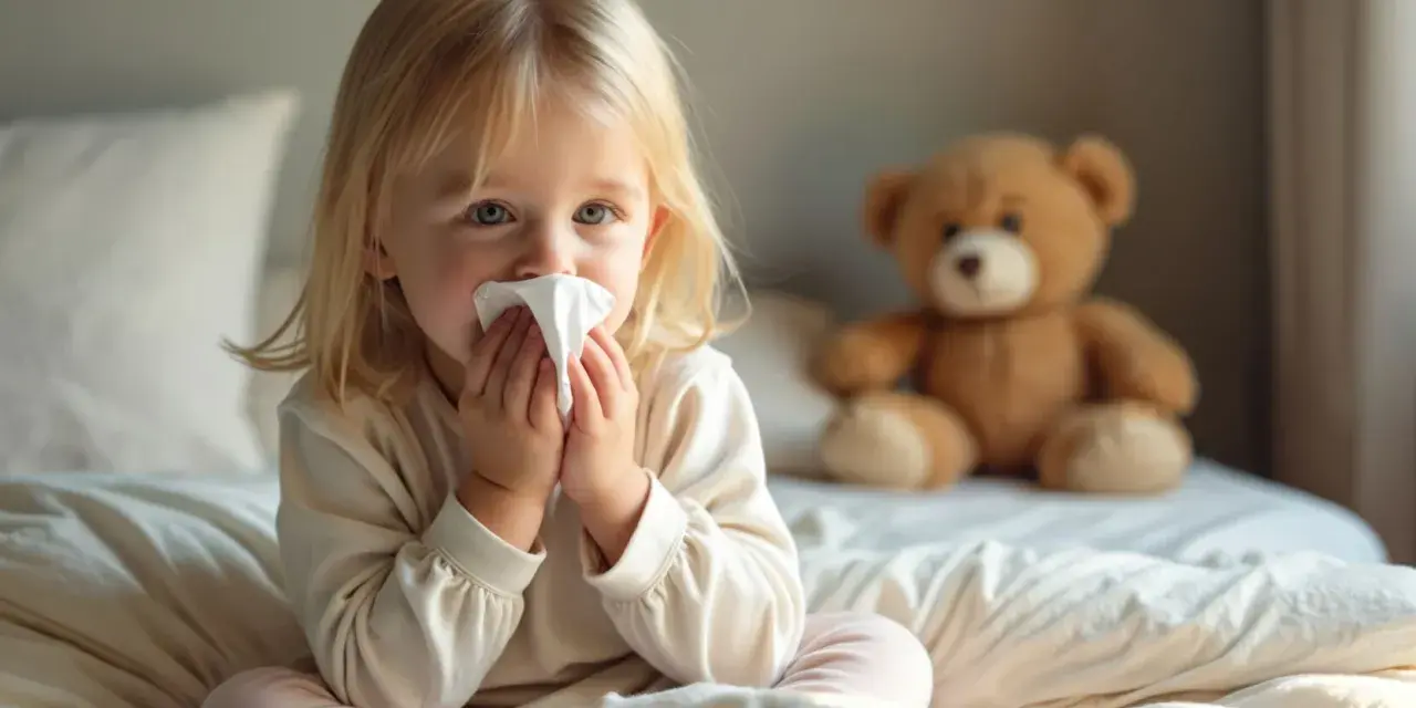 Kleines Mädchen mit Taschentuch vor der Nase sitzt im Bett, Teddybär im Hintergrund.