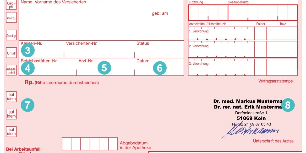 Rezept mit Feldern für Patientendaten, Verordnungen und Arztstempel. Enthält die Angabe "1. Verordnung".