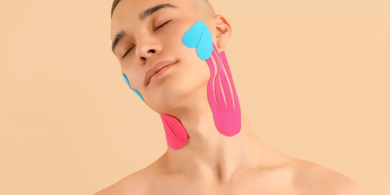 Mann mit geschlossenen Augen, dessen Kiefergelenk und Hals mit pinken und blauen Kinesio-Tapes versorgt sind.