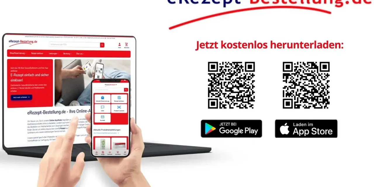 Laptop mit Webseite, Handy mit App, QR-Codes und App Store/Google Play Logos.