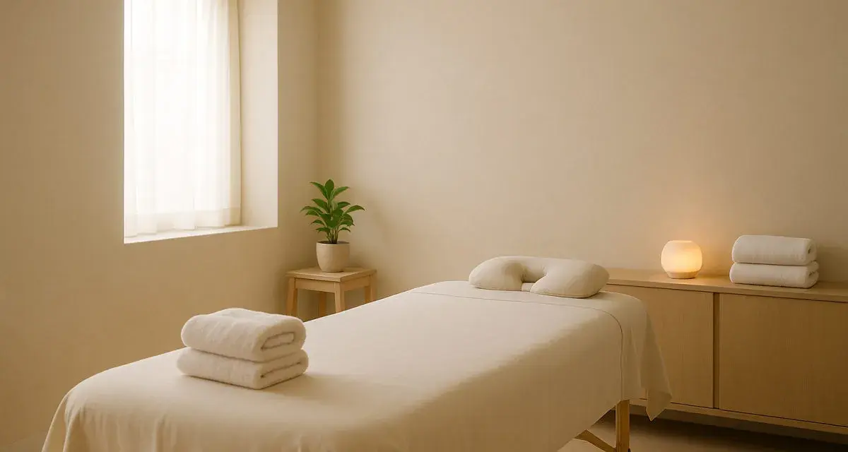 Ein heller Raum mit einer Massageliege, Handtüchern und einer kleinen Pflanze. Perfekt für eine entspannende Massage Auszeit.