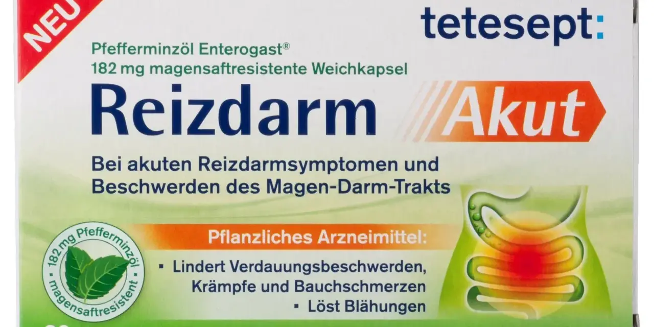 Verpackung von Reizdarm Akut mit Pfefferminzöl, magensaftresistenten Kapseln und Abbildung des Verdauungstrakts.