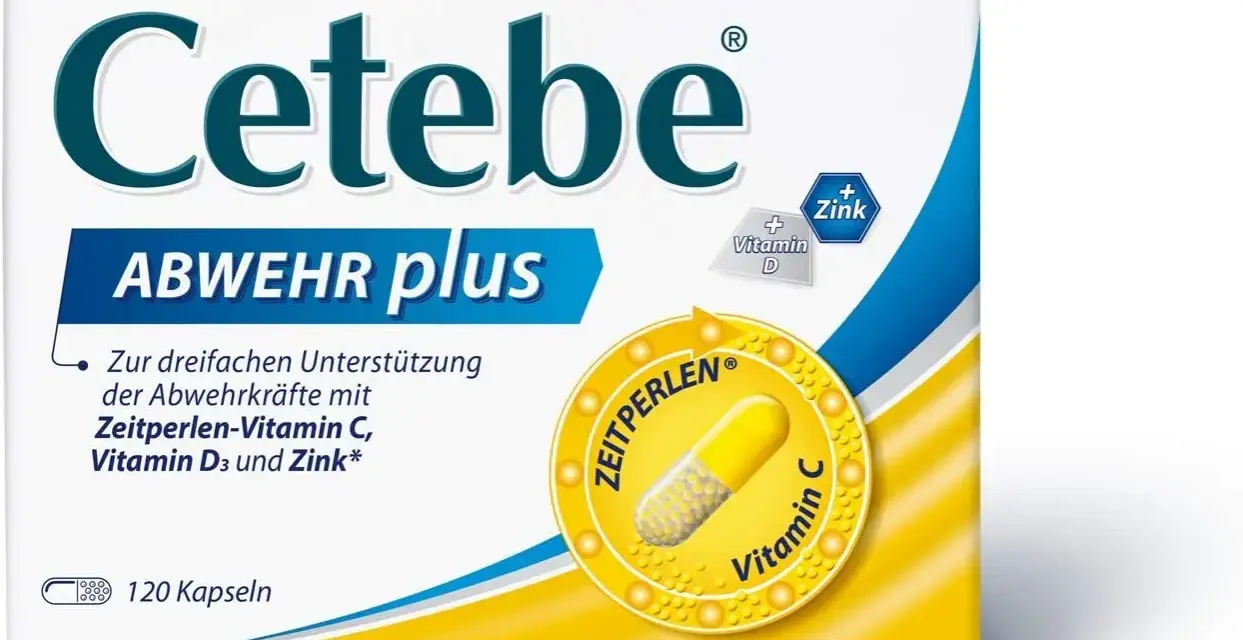Verpackung von Cetebe Abwehr plus mit Kapseln, Vitamin C, D und Zink.