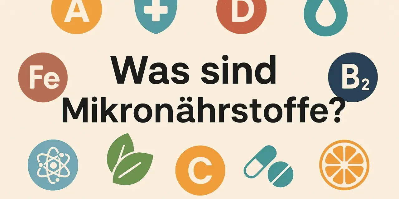 Symbole für Vitamine (A, D, B2, C), Mineralstoffe (Fe) und weitere Nährstoffe mit Text "Was sind Mikronährstoffe?".