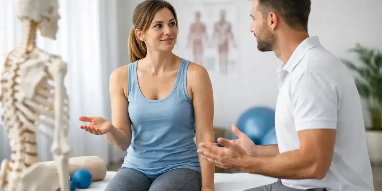 Frau bespricht mit Physiotherapeut, wie oft Physiotherapie in der Woche sinnvoll ist. Skelettmodell im Vordergrund.