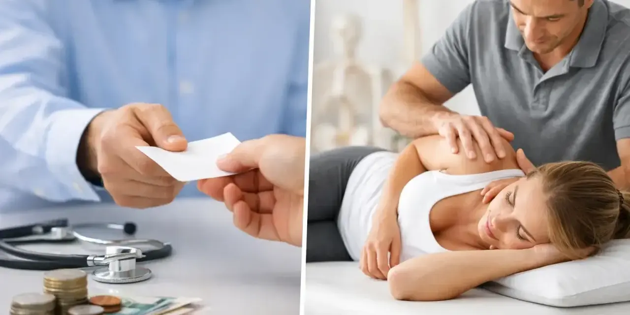 GKV Preise Physiotherapie: Arzt gibt Karte, Patientin erhält Behandlung.