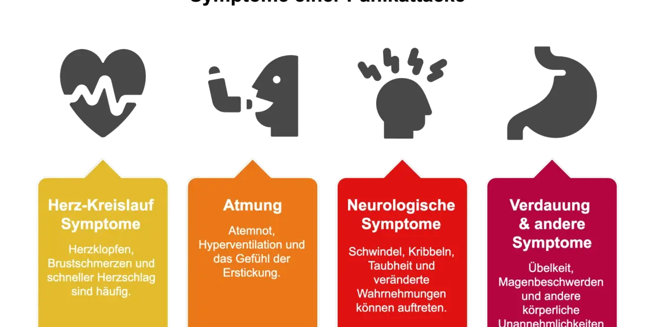 Vier Icons zeigen Symptome einer Panikattacke: Herz, Atmung, Kopfschmerzen, Magen. Darunter sind die Symptome kategorisiert.