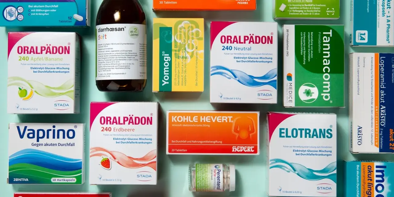 Verschiedene Medikamente und Präparate gegen Durchfall, darunter Imodium, Oralpädion und Kohle-Compretten.