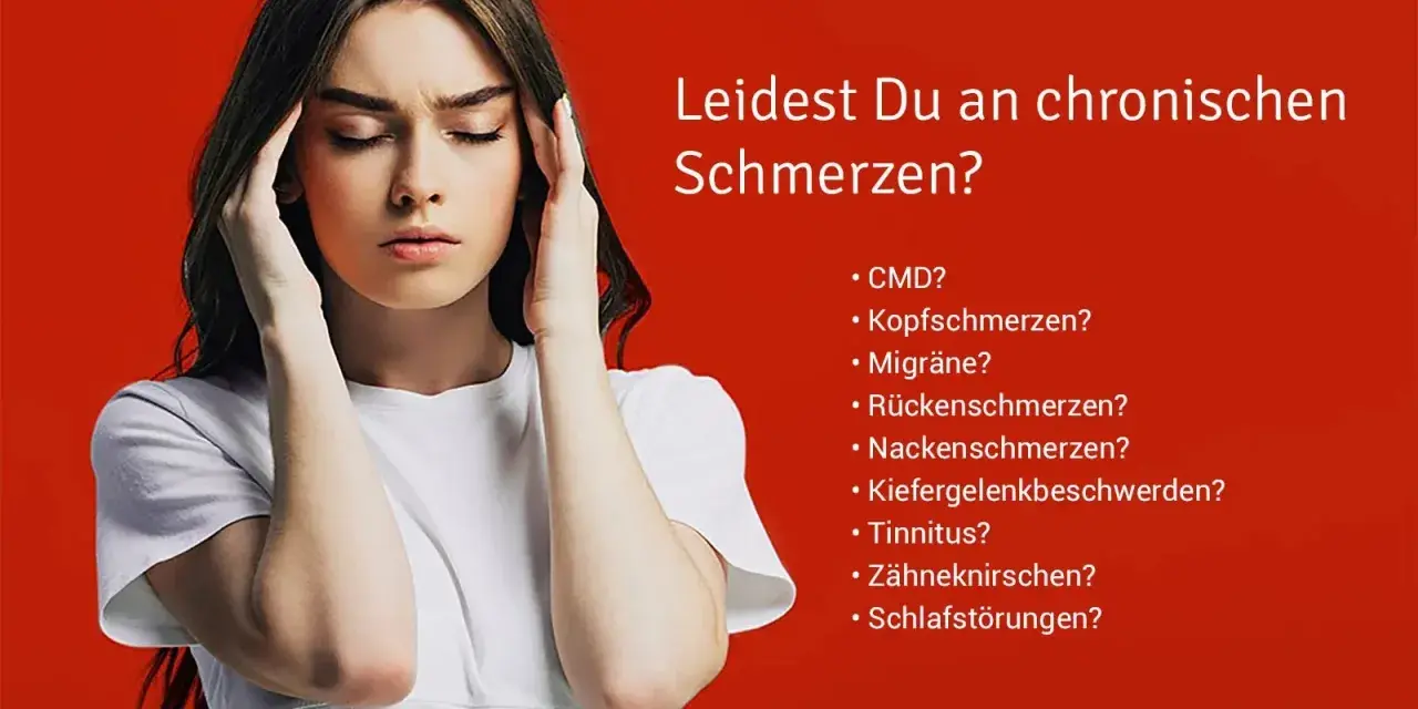 Junge Frau mit Kopfschmerzen, fragt nach CMD, Migräne, Rückenschmerzen. Physiotherapie kann helfen, oft von der Krankenkasse übernommen.