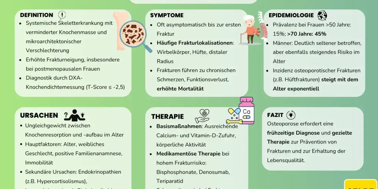 Infografik zu Osteoporose: Definition, Symptome, Ursachen, Therapie, Epidemiologie und Fazit.