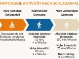 Empfohlene Aktivitäten nach Schlaganfall: Ergotherapie, Übungen, Beratung und gesteigerte Freizeitaktivitäten zur Genesung.