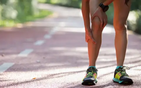 Läuferin hält schmerzendes Knie auf Laufbahn. Knieschmerzen nach Joggen sind ein häufiges Problem.