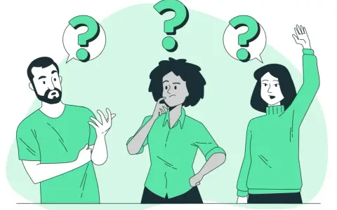 Drei Personen mit Fragezeichen über den Köpfen, die über den eigenanteil physiotherapie diskutieren.