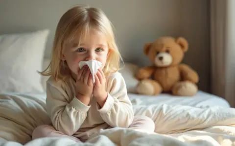 Kleines Mädchen mit Taschentuch vor der Nase sitzt im Bett, Teddybär im Hintergrund.