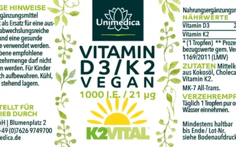 Flasche mit veganem Vitamin D3/K2, Sonnen- und Blattmotiv, Nährwertangaben.