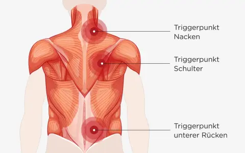 Rückenmuskulatur mit roten Markierungen für Triggerpunkte im Nacken, an der Schulter und im unteren Rücken. Muskel knoten können Schmerzen verursachen.