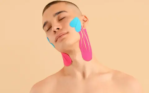 Mann mit geschlossenen Augen, dessen Kiefergelenk und Hals mit pinken und blauen Kinesio-Tapes versorgt sind.