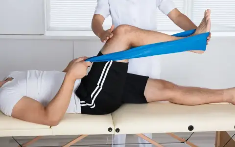 Therapeut dehnt Bein mit blauem Band zur Behandlung von Plica-Syndrom, inspiriert von Liebscher & Bracht Methoden.