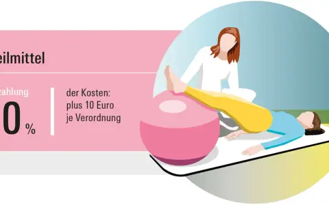 Heilmittel: 10% zuzahlung physiotherapie plus 10 Euro je Verordnung. Eine Person trainiert mit einem Therapeuten auf einem Gymnastikball.