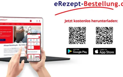 Laptop mit Webseite, Handy mit App, QR-Codes und App Store/Google Play Logos.