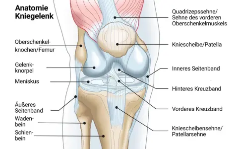 Anatomie des Kniegelenks mit Beschriftungen. Mögliche Ursache für seitliche Knieschmerzen: das äußere Seitenband.