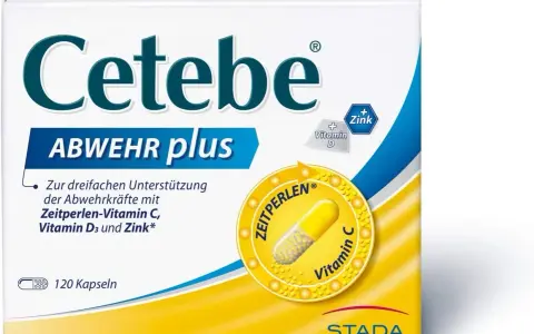 Verpackung von Cetebe Abwehr plus mit Kapseln, Vitamin C, D und Zink.