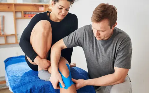 Mann legt blaues Tape auf Knie einer Frau. Eine Anleitung zum ultraschalltherapie selber machen könnte hier nützlich sein.