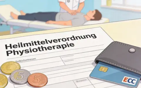 Rezept für Physiotherapie, Münzen und eine EC-Karte liegen auf einem Tisch. Die **Zuzahlung Ergotherapie** ist hier symbolisch dargestellt.