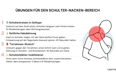 Übungen für den Schulter-Nacken-Bereich: Physiotherapeut zeigt, was bei Nackenschmerzen hilft. Übungen wie Schulterkreisen, Halsdehnung & Türrahmen-Stretch.