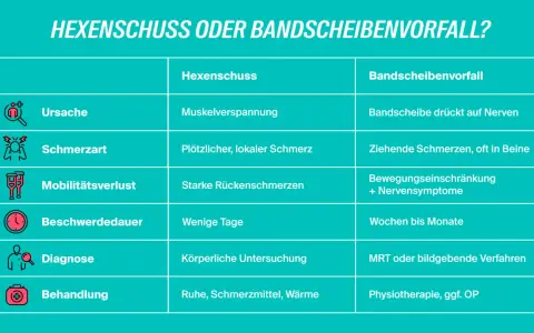 Vergleichstabelle: Ursachen, Schmerzart, Dauer und Behandlung von Hexenschuss und Bandscheibenvorfall.