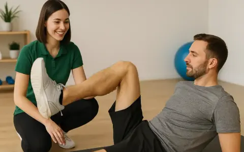 Physiotherapeutin unterstützt Mann bei Übungen zur Genesung nach Meniskusriss.