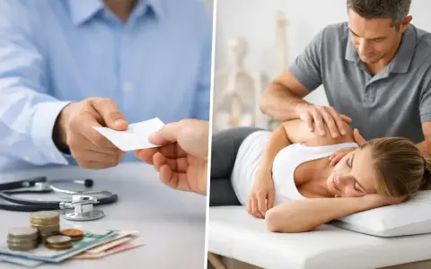 GKV Preise Physiotherapie: Arzt gibt Karte, Patientin erhält Behandlung.