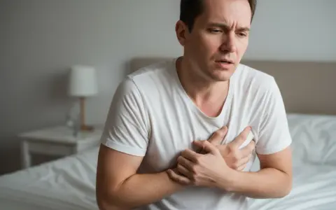 Mann hält sich die Brust, leidet unter Brustbein Schmerzen. Er sitzt auf einem Bett, sein Gesichtsausdruck ist besorgt.