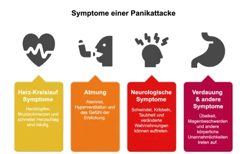 Vier Icons zeigen Symptome einer Panikattacke: Herz, Atmung, Kopfschmerzen, Magen. Darunter sind die Symptome kategorisiert.