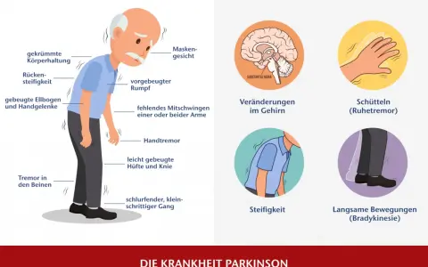 Illustration von Parkinson-Symptomen: gebeugte Haltung, Tremor, Steifigkeit, Gehirn.