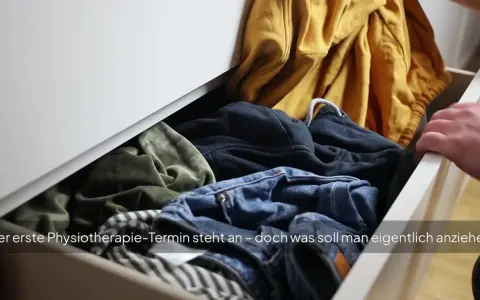 Offener Schubladeninhalt mit Kleidung. Ein Mann greift hinein, um sich für den Physiotherapie-Termin anzuziehen.