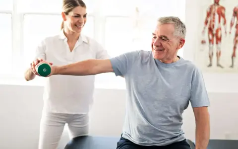 Mann hebt Hantel unter Anleitung einer Therapeutin. Physiotherapie nach Bobath hilft bei der Rehabilitation.