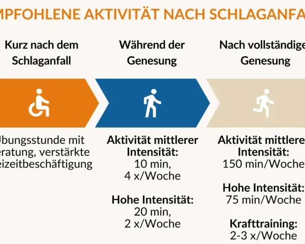 Empfohlene Aktivitäten nach Schlaganfall: Ergotherapie, Übungen, Beratung und gesteigerte Freizeitaktivitäten zur Genesung.
