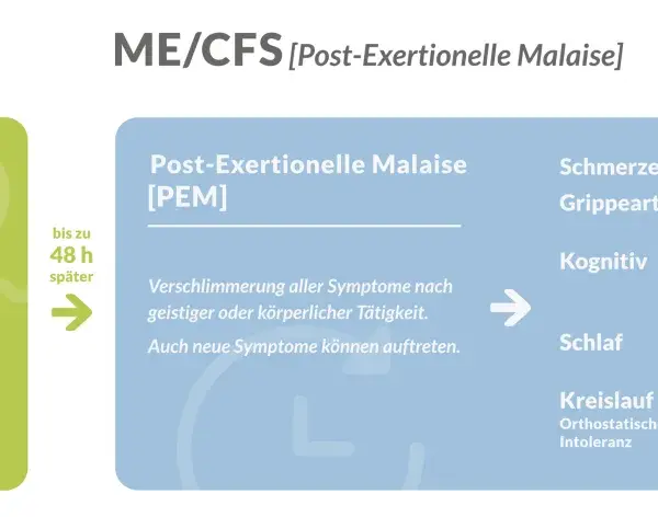 Grafik mit grüner Box "Tätigkeiten" und blauer Box "Post-Exertionelle Malaise [PEM]" mit Symptomen.