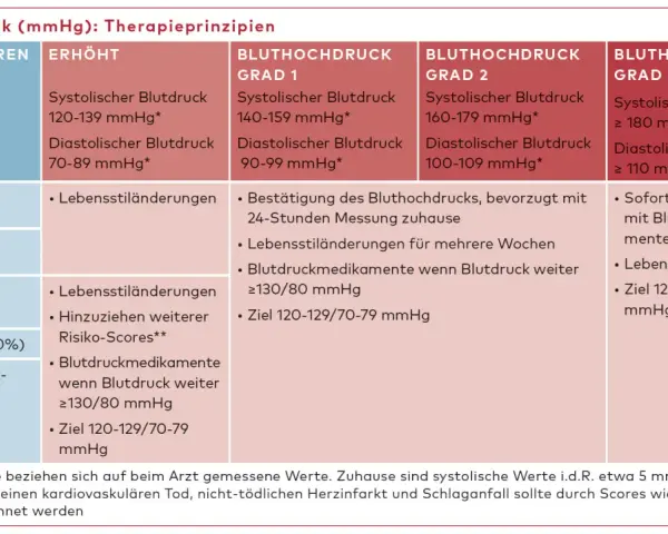 Tabelle mit Blutdruckwerten, Risikofaktoren und Therapieprinzipien für Bluthochdruck.
