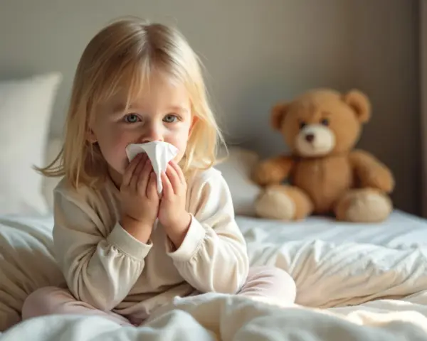 Kleines Mädchen mit Taschentuch vor der Nase sitzt im Bett, Teddybär im Hintergrund.