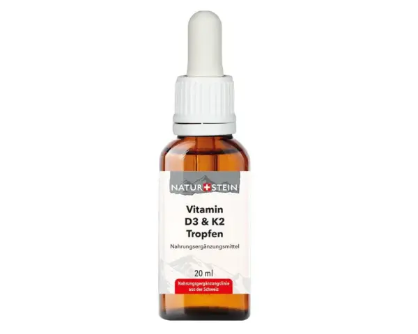 Braune Glasflasche mit Pipette, gefüllt mit Vitamin D3 & K2 Tropfen.