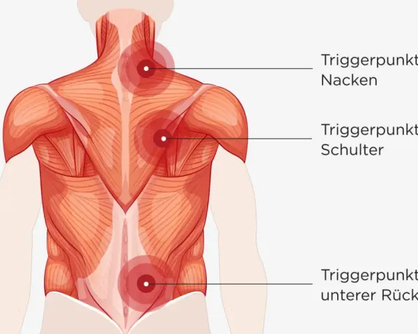 Rückenmuskulatur mit roten Markierungen für Triggerpunkte im Nacken, an der Schulter und im unteren Rücken. Muskel knoten können Schmerzen verursachen.