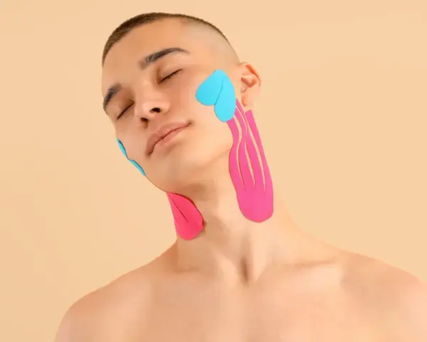 Mann mit geschlossenen Augen, dessen Kiefergelenk und Hals mit pinken und blauen Kinesio-Tapes versorgt sind.