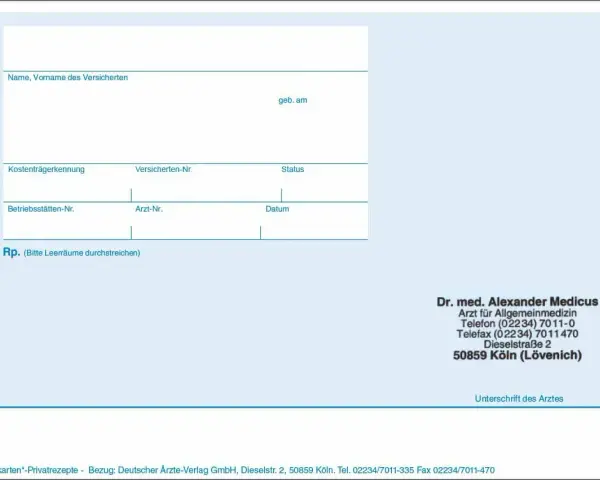 Muster eines Privatrezepts mit Feldern für Patientendaten, Arztadresse und Unterschrift.